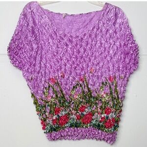 F.C. Popcorn Bubble Sz S-L Purple Floral Vintage Y2K Crinkle Top Cottage‎